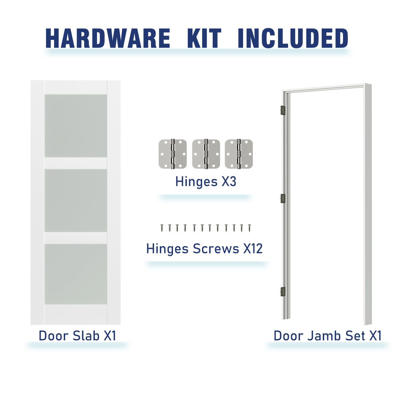 24/30/32 in. x 80 in. 3 Lite Frosted Glass Prehung Interior Door  White MDF with Door Jamb and Hardware Kit