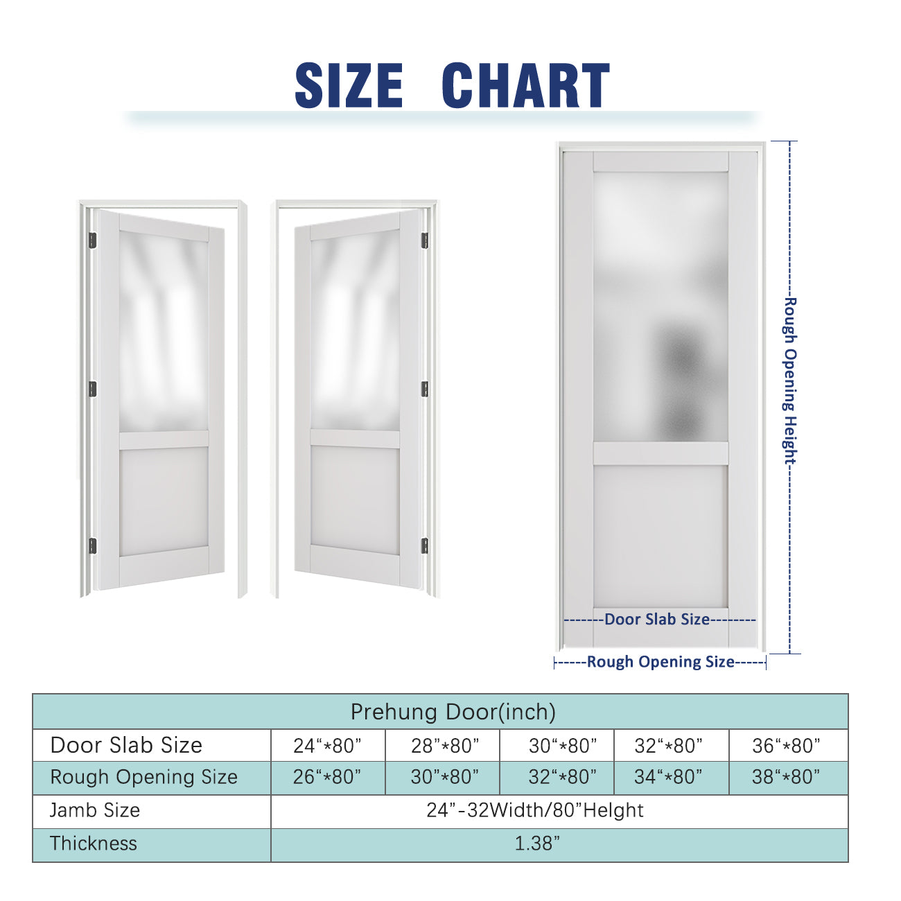 24/30/32 in. x 80 in.1/2 Lite Frosted Glass Prehung Interior Door MDF Wood White with Door Jamb and Hardware Kit