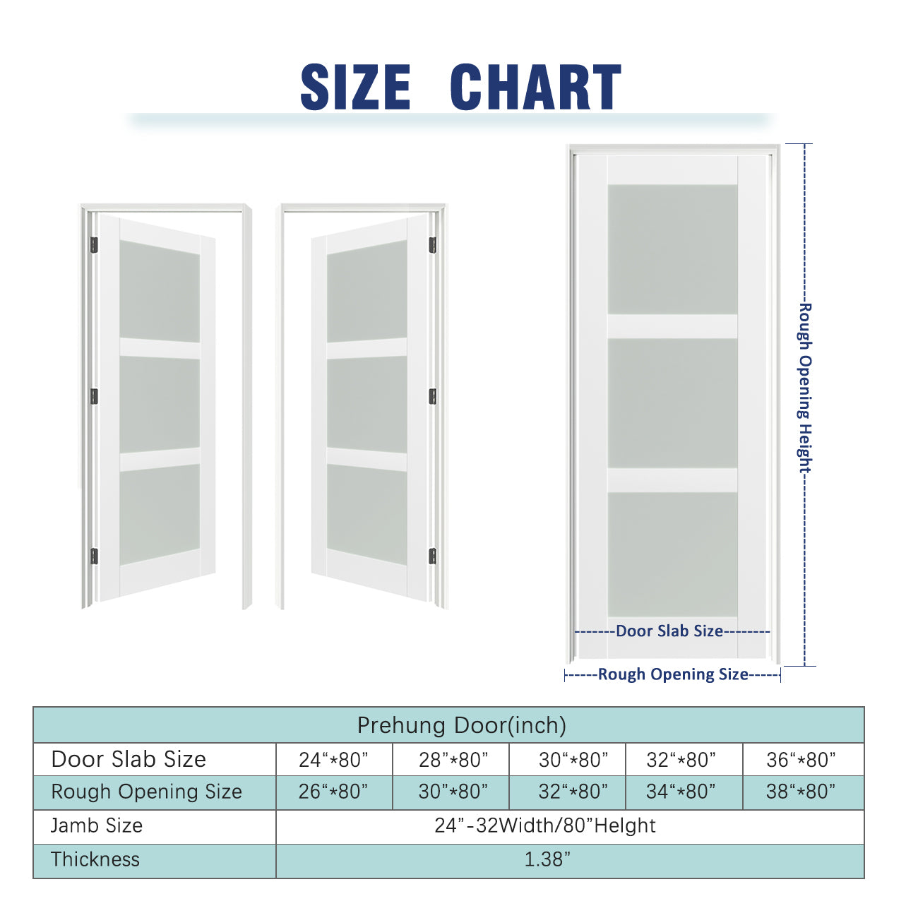 24/30/32 in. x 80 in. 3 Lite Frosted Glass Prehung Interior Door  White MDF with Door Jamb and Hardware Kit