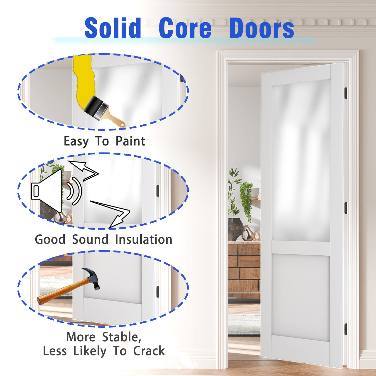 24/30/32 in. x 80 in.1/2 Lite Frosted Glass Prehung Interior Door MDF Wood White with Door Jamb and Hardware Kit