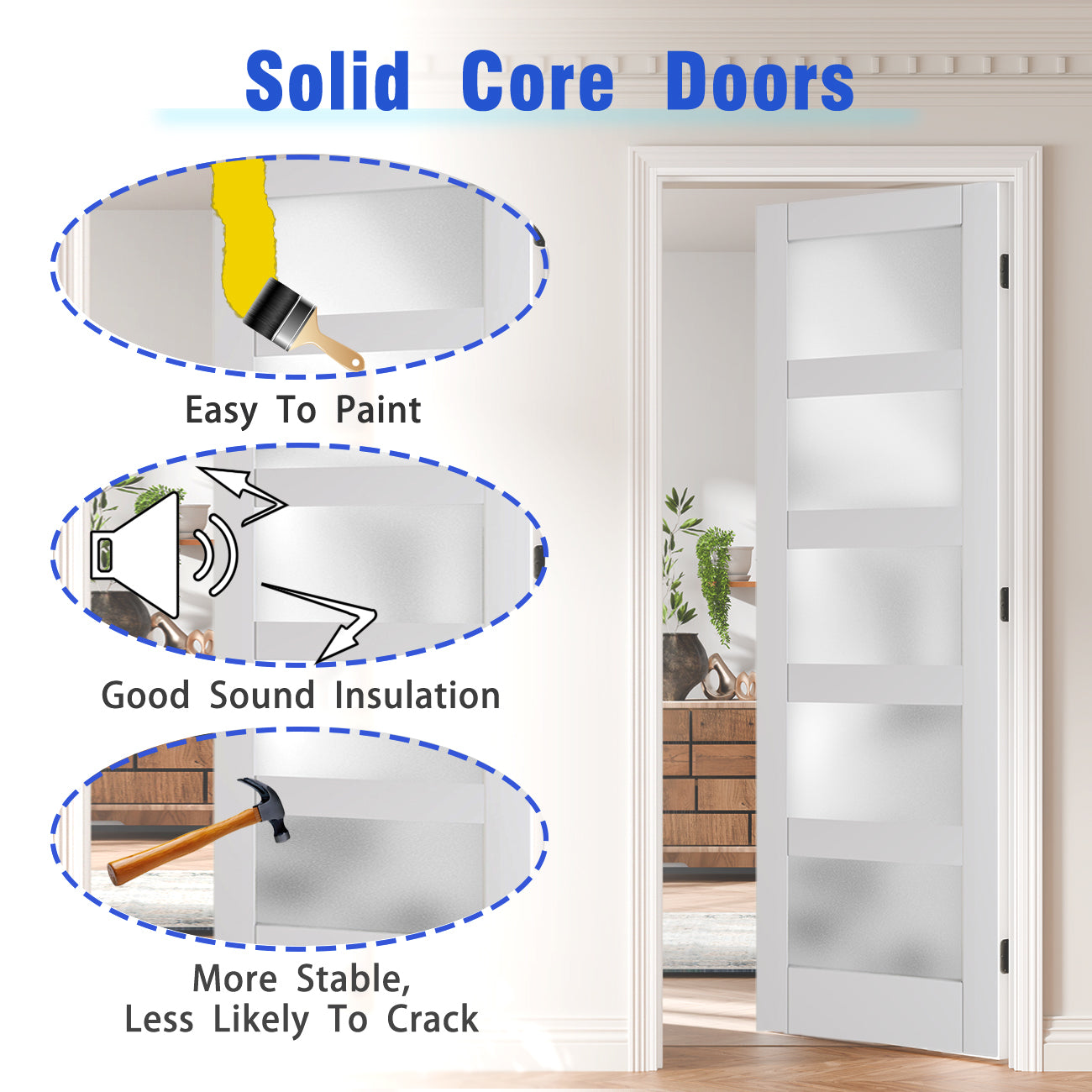 24/30/32 in. x 80 in. Interior Sliding Door, 5 Lites Frosted Glass Solid Wood MDF White Pantry Door Panels, Single Slab Finished