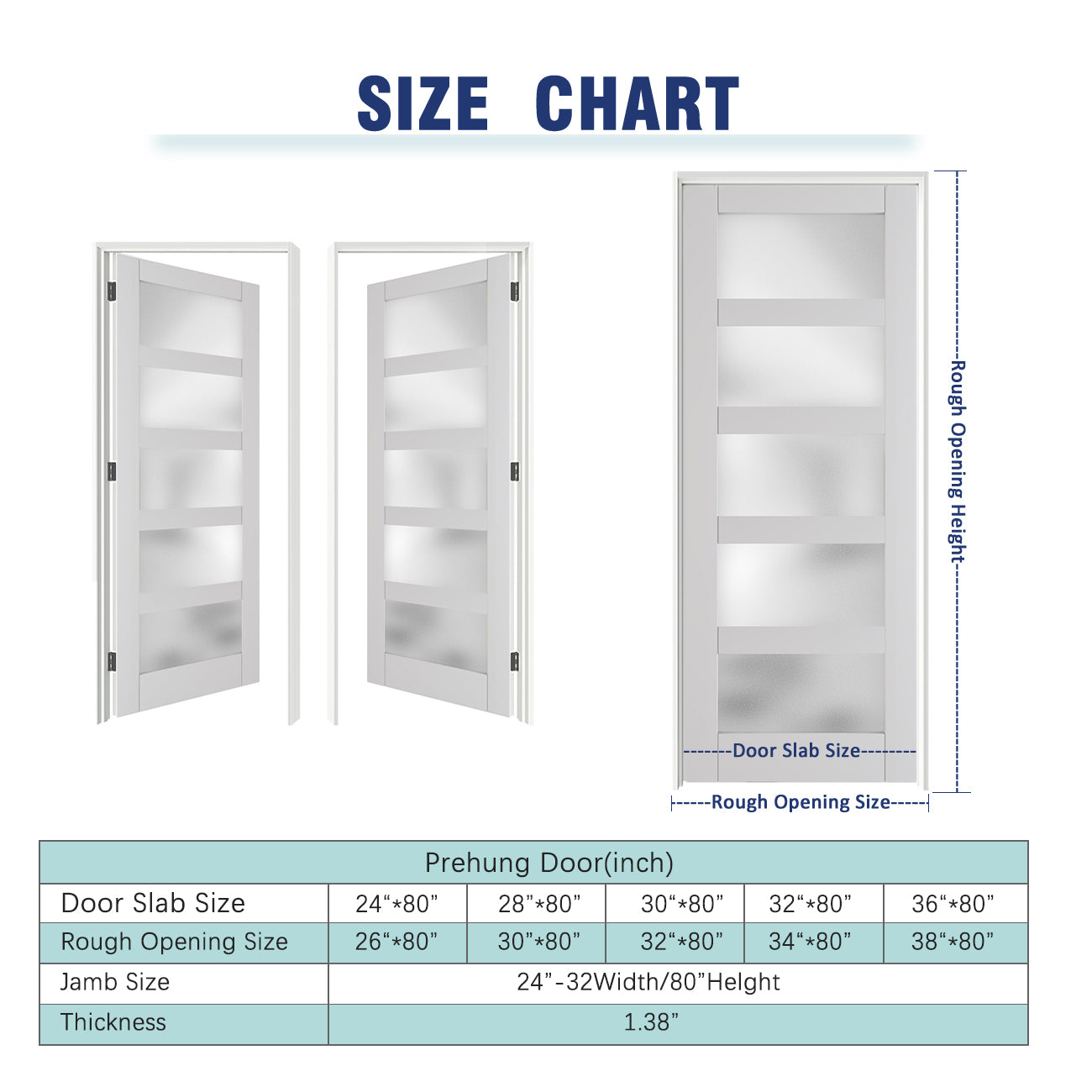 24/30/32 in. x 80 in. Interior Sliding Door, 5 Lites Frosted Glass Solid Wood MDF White Pantry Door Panels, Single Slab Finished