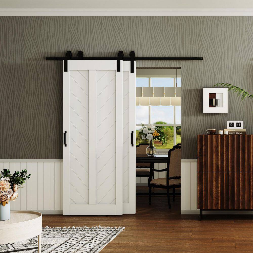 TENONER White Primed V-Shape MDF Panel Sliding Bypass Barn Door