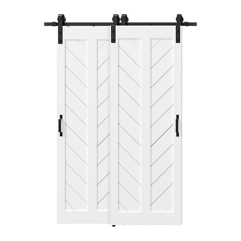 TENONER White Primed V-Shape MDF Panel Sliding Bypass Barn Door