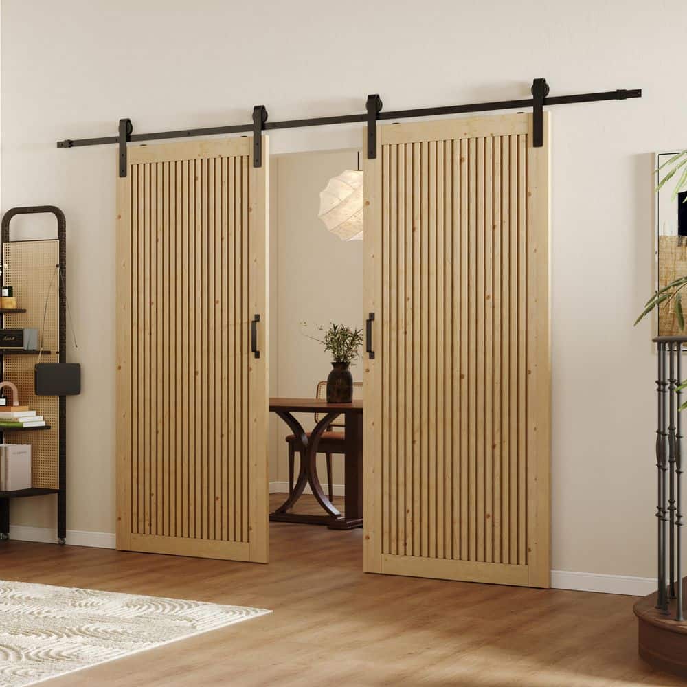 TENONER Pine Wood Vertical Stripes Solid Core Fluted Sliding Barn Door with Hardware - Suitable for DIY (Unfinished)