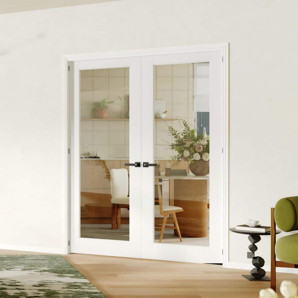 TENONER White Primed Solid Core 1-Lite Tempered Clear Glass French Interior Door (no handle)