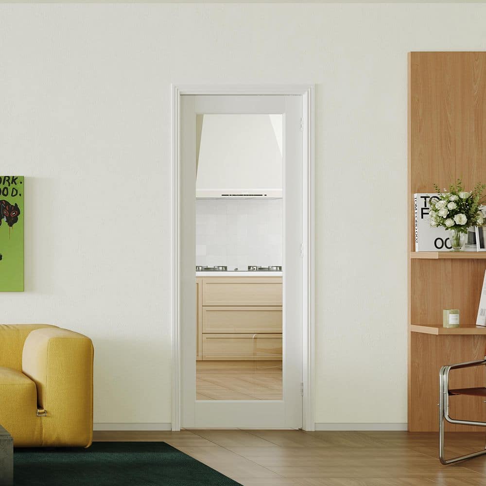 TENONER White Primed Solid Core 1-Lite Tempered Clear Glass Slab / Prehung Interior Door
