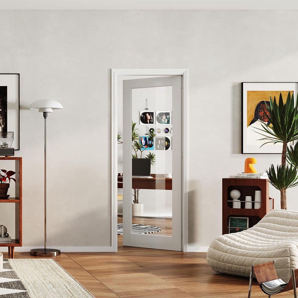 TENONER White Primed Solid Core 1-Lite Tempered Clear Glass Slab / Prehung Interior Door