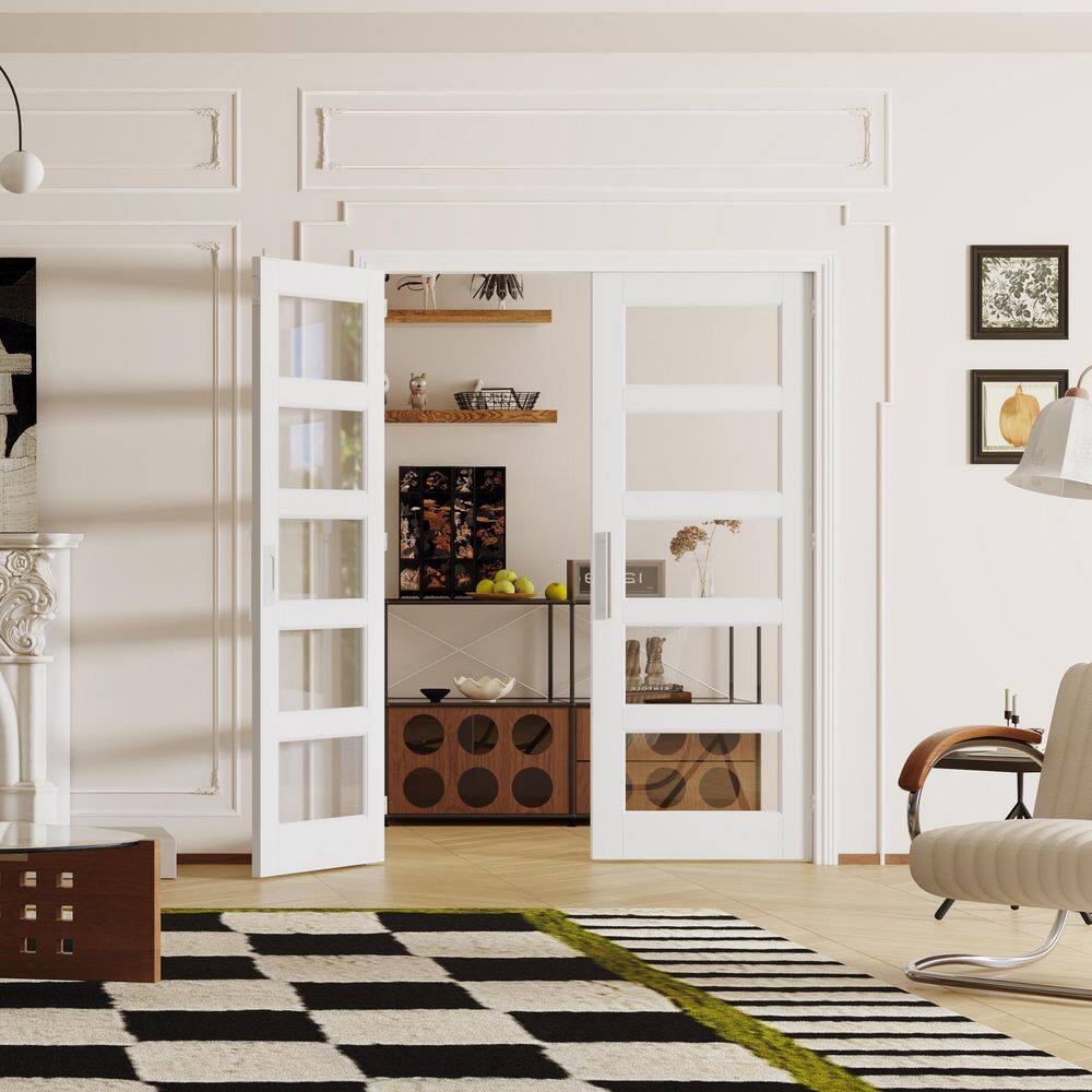 White Primed Solid Core 5-Lite Clear Glass Slab / Prehung Interior French Door for Closet, Bedroom, Pantry - Easy to Clean