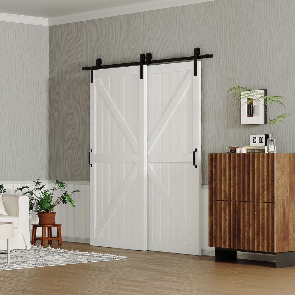TENONER White Primed K-Shape MDF Panel Sliding Bypass Barn Door