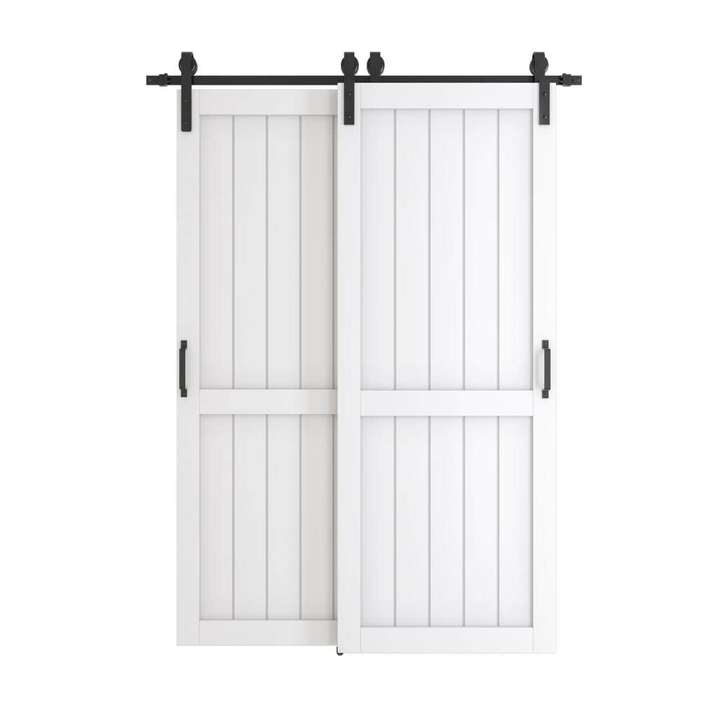 TENONER White Primed H-Frame MDF Panel Sliding Bypass Barn Door