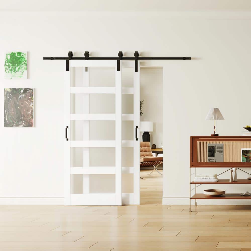 TENONER White Primed 5-Lite Frosted Glass MDF Sliding Bypass Barn Door