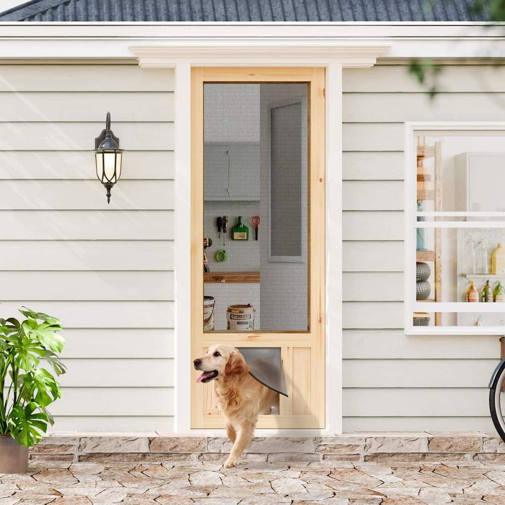 Pine Wood Half Lite Screen Exterior Front Door with Dog Door