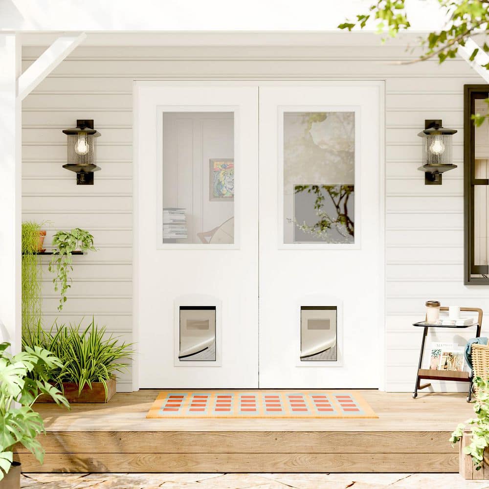 TENONER White Primed Solid Wood 1-Lite Clear Glass Exterior Dog Doors, No Hinges or Handles Included
