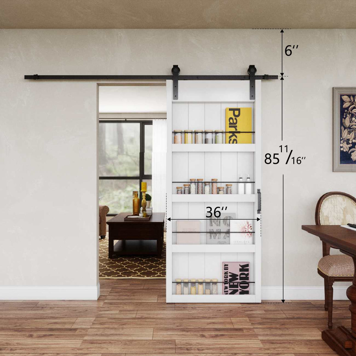 TENONER 36in x 84in Sliding Barn Door, Shelf Style, Made of Primed MDF, with 6.6 ft Hardware, Handle and Floor Guide