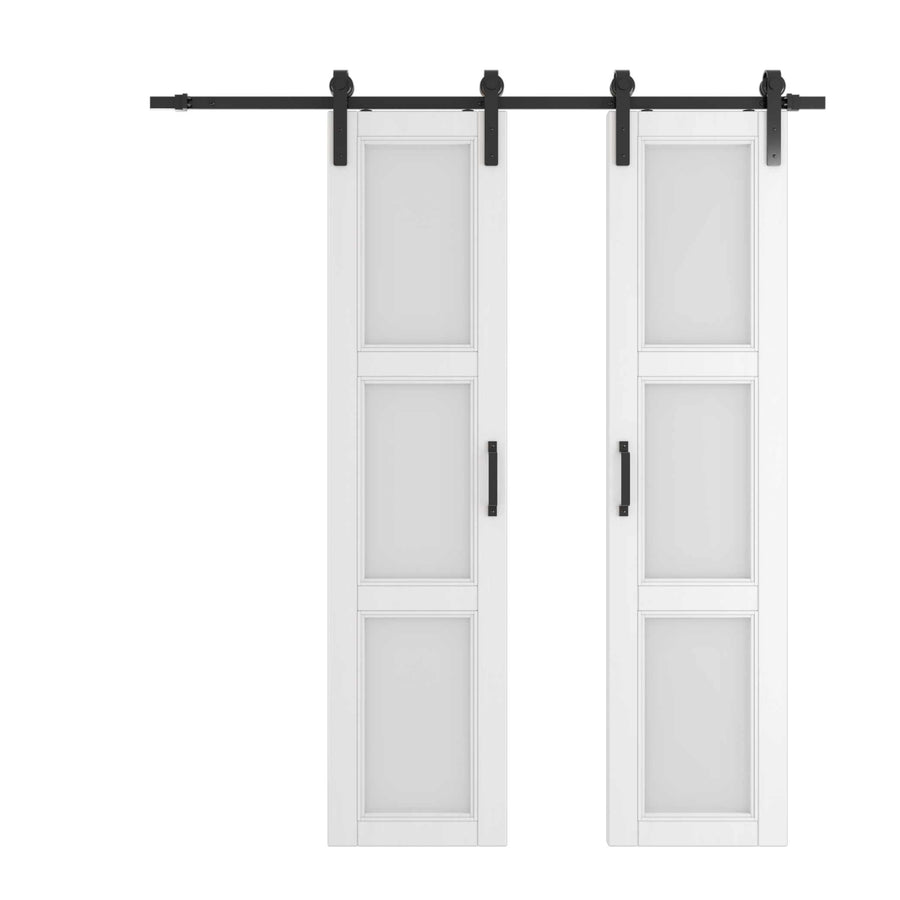 TENONER 42in x 84in Double Sliding Barn Door with Hardware Kit Tempered Glass for 3 lattices– White Color