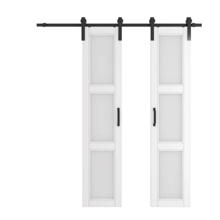 TENONER 36in x 84in Double Sliding Barn Door with Hardware Kit Tempered Glass for 3 lattices– White Color
