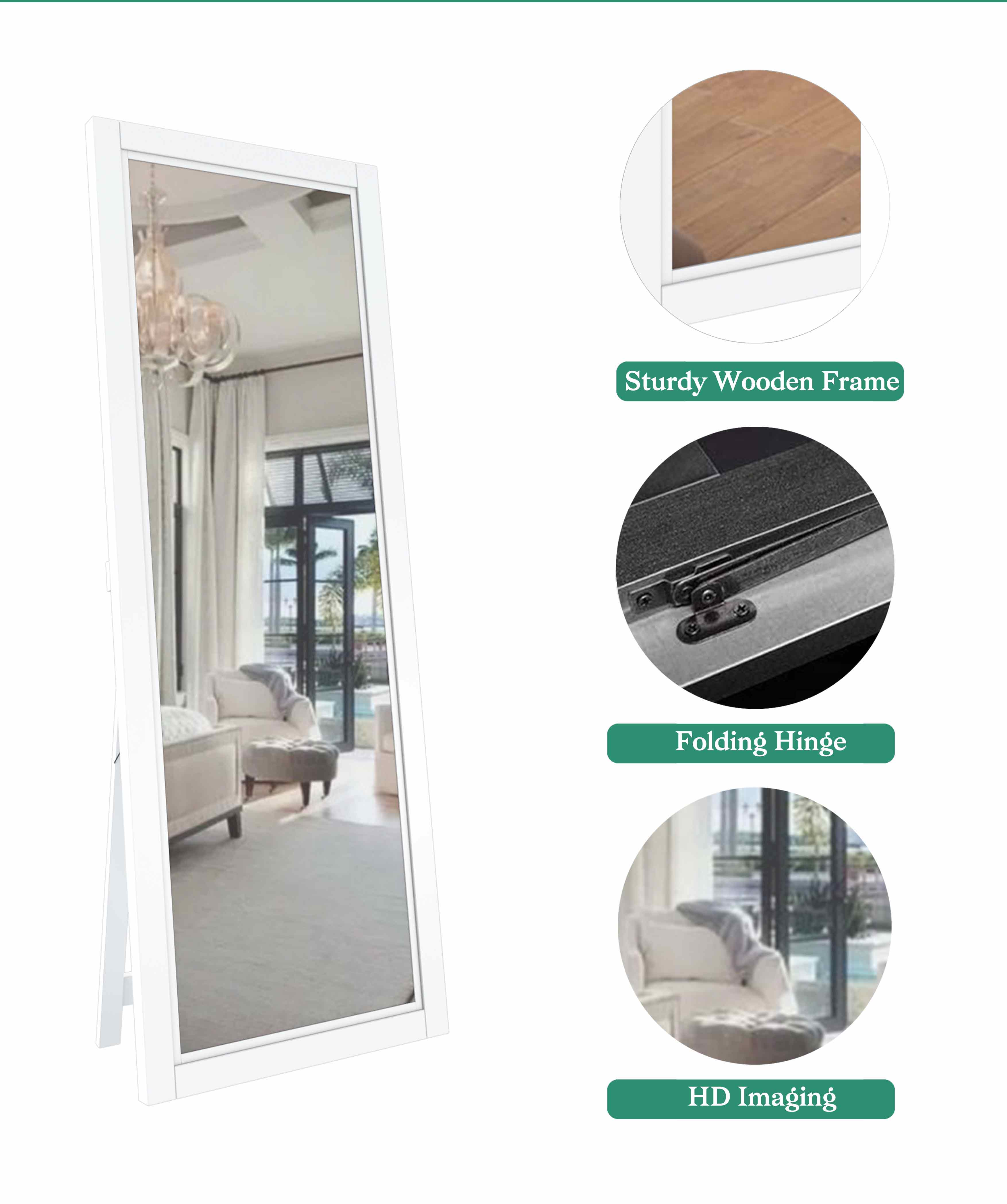 Full Length Floor Mirror Full Body 65'' × 22'' Mirror, Rectangle Free-Standing Mirrors for Bedroom, White Frame Large Mirror for The Living Room