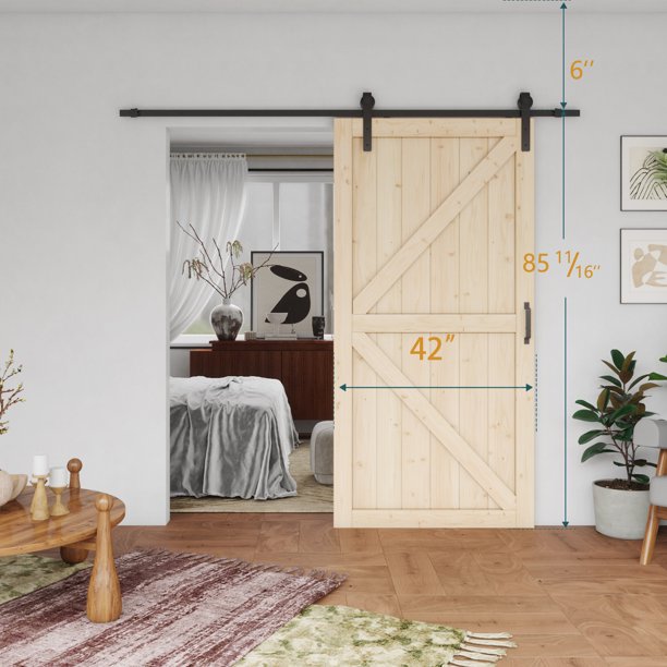 TENONER  Pine Wood Barn Door, Sliding Barn Door with All Hardware Kit Included, Pre-Drilled Easy to Assemble, DIY Unfinished K-Frame Solid Core Single Barn Door, Natural